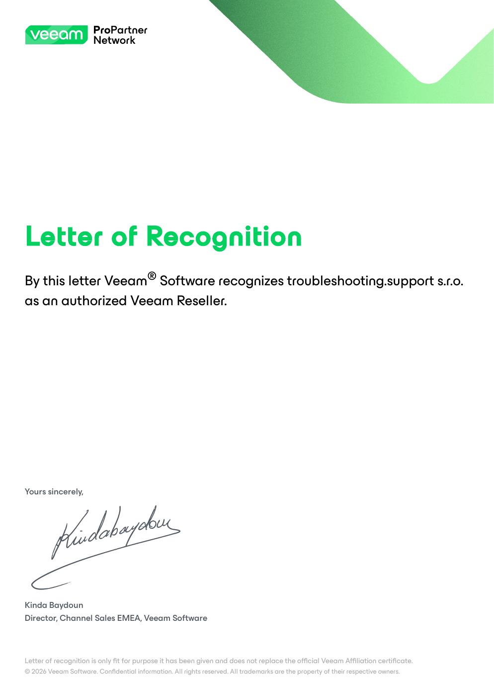 Náhled Veeam Letter of Recognition — authorized Veeam Reseller